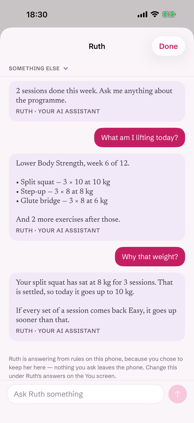 Ruth answering what to lift today.